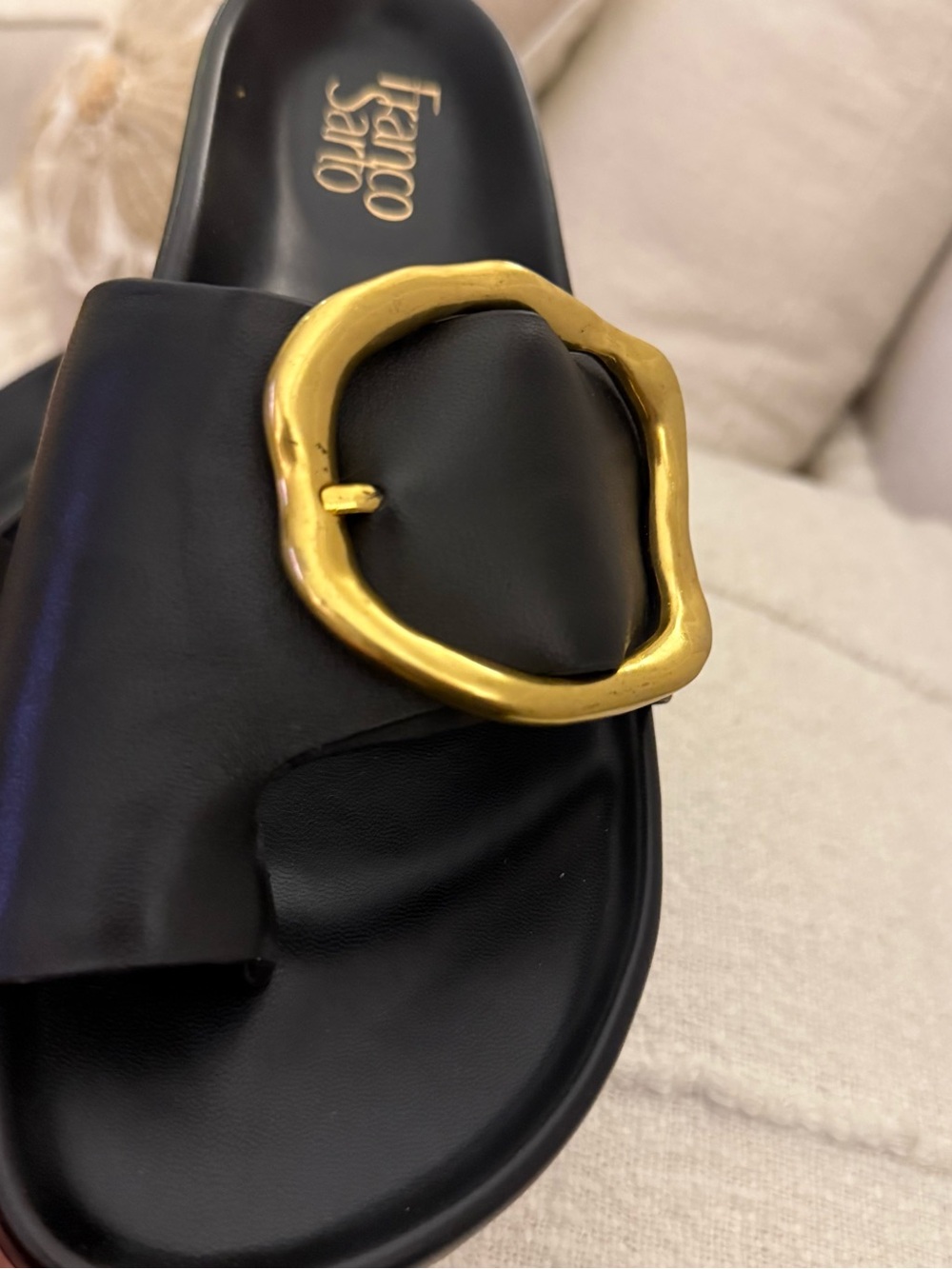 NEW Size 8- Franco Sarto Black Slide Sandals with Gold Accent Buckles - Picture 2 of 6